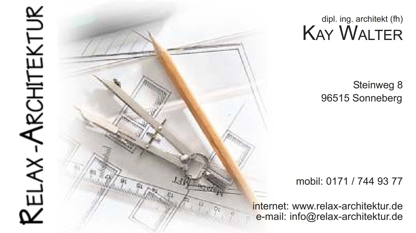 Visitenkarte: Dipl. Ing. (FH) Architekt Kay Walter, Steinweg 8, 96515 Sonneberg